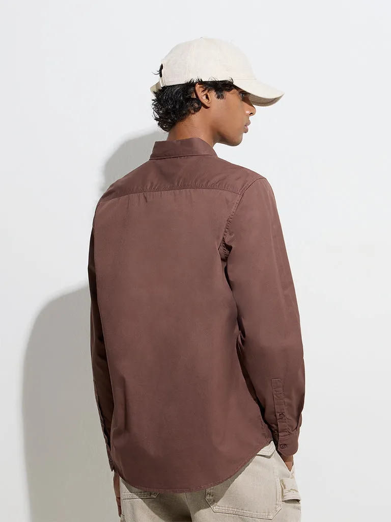 Nuon Brown Solid Slim-Fit Cotton Shirt