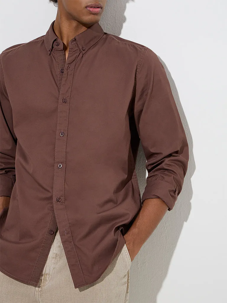 Nuon Brown Solid Slim-Fit Cotton Shirt