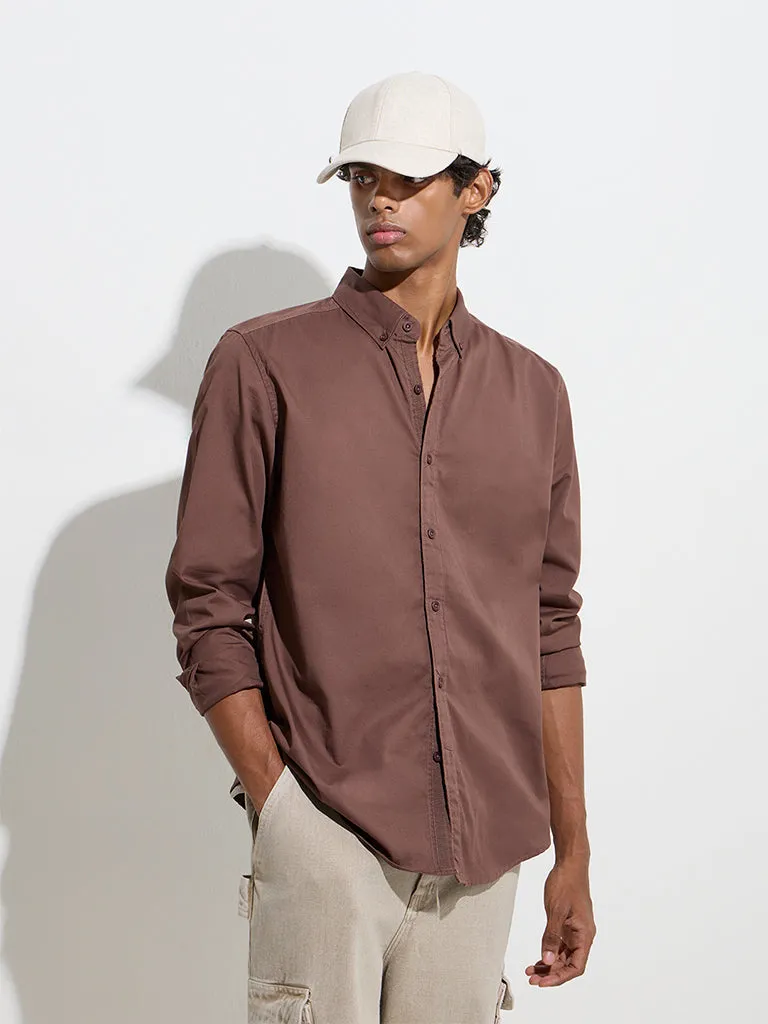 Nuon Brown Solid Slim-Fit Cotton Shirt