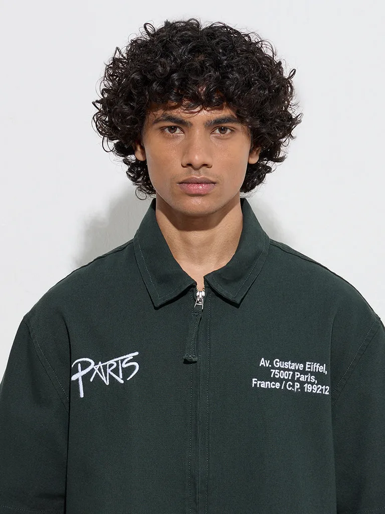 Nuon Dark Green Typographic Relaxed-Fit Cotton Jacket