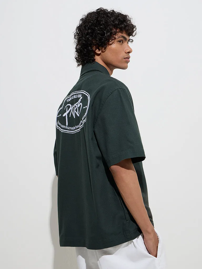 Nuon Dark Green Typographic Relaxed-Fit Cotton Jacket