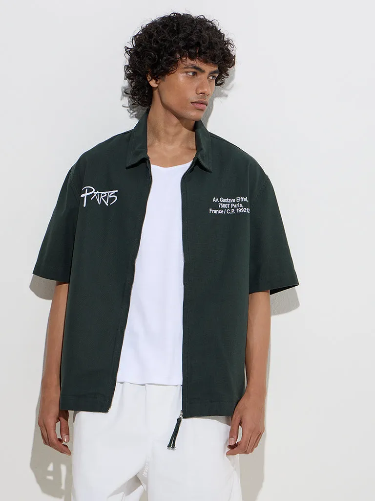 Nuon Dark Green Typographic Relaxed-Fit Cotton Jacket