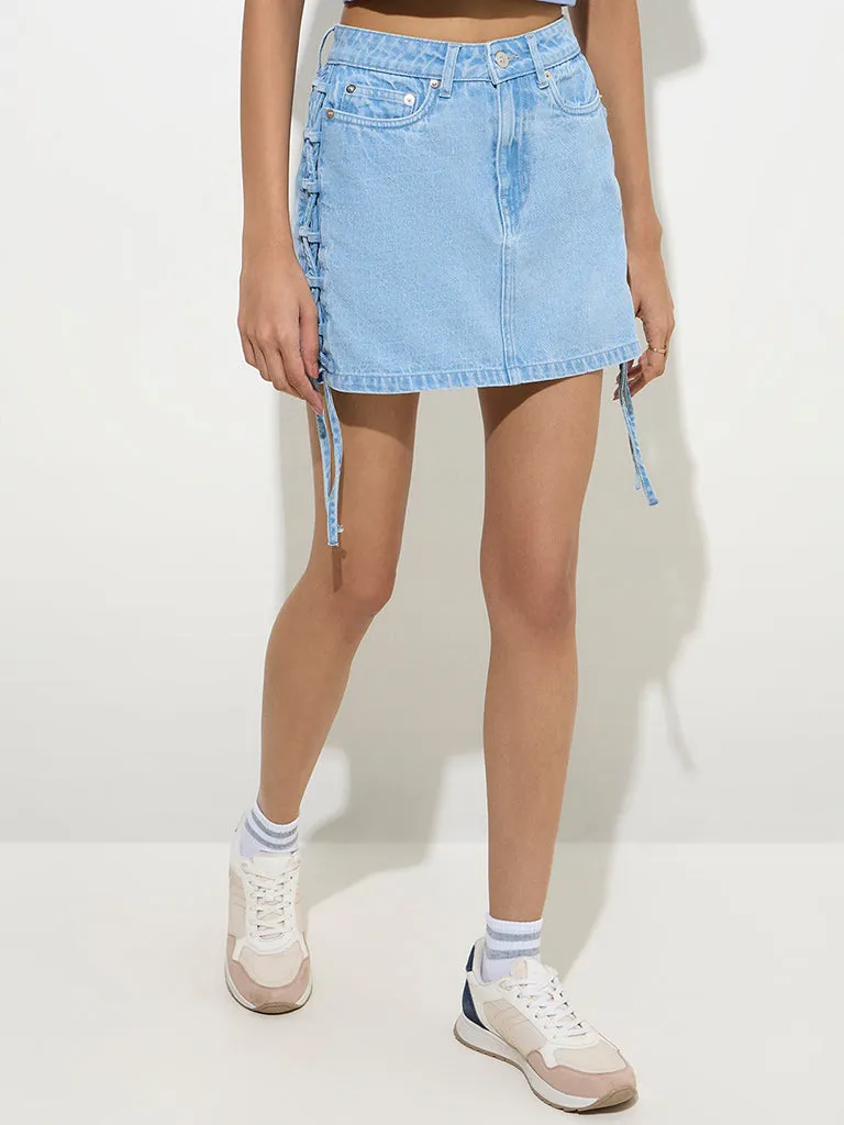 Nuon Light Blue Criss-Cross Detailed High-Rise Denim Skirt