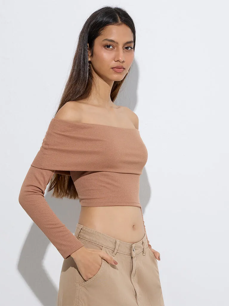 Nuon Light Brown Ribbed Off-Shoulder Top