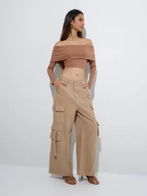 Nuon Light Brown Ribbed Off-Shoulder Top
