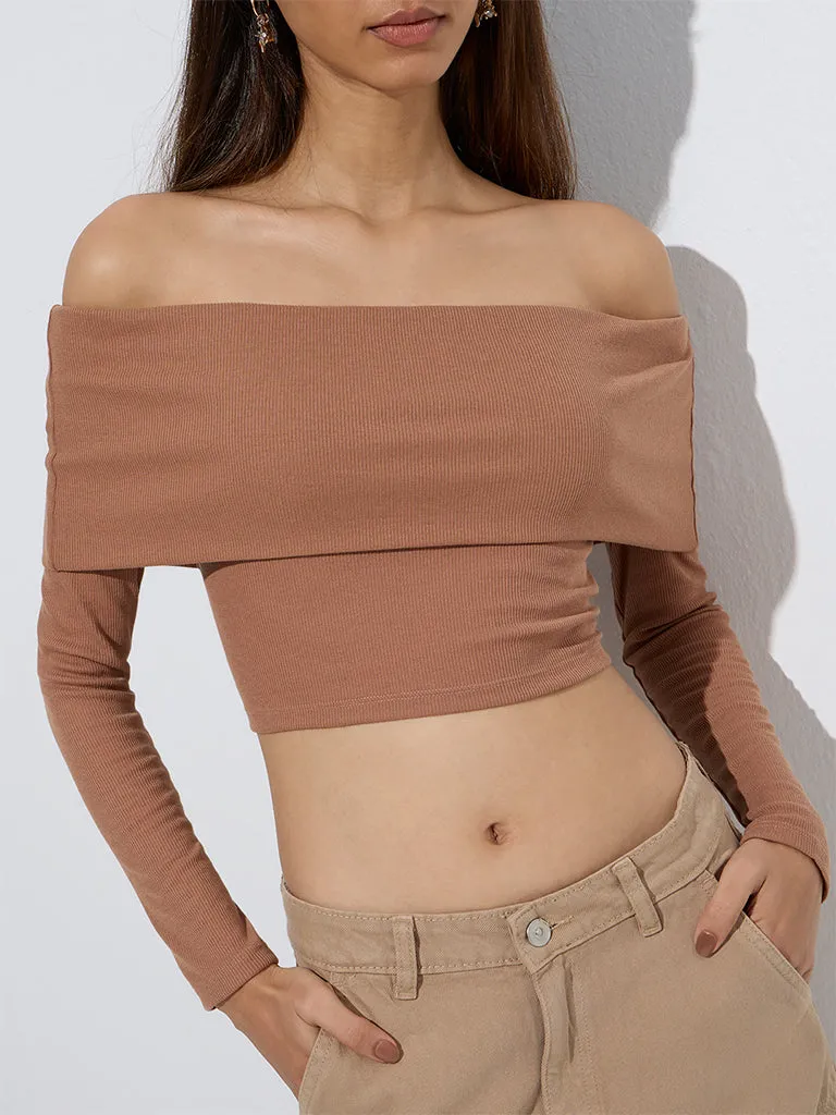 Nuon Light Brown Ribbed Off-Shoulder Top