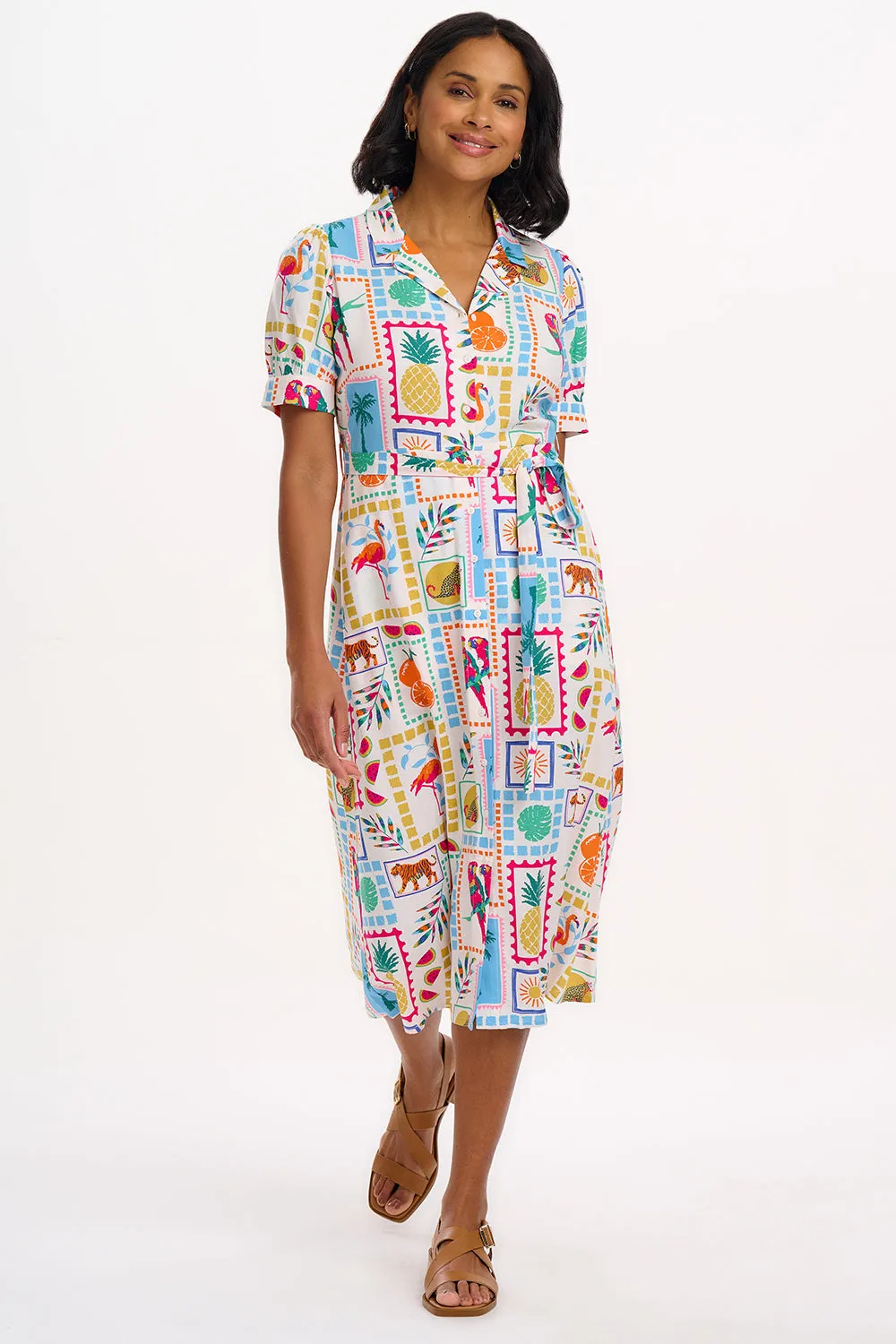 Penelope Midi Shirt Dress - Off-white. Jungle Tile