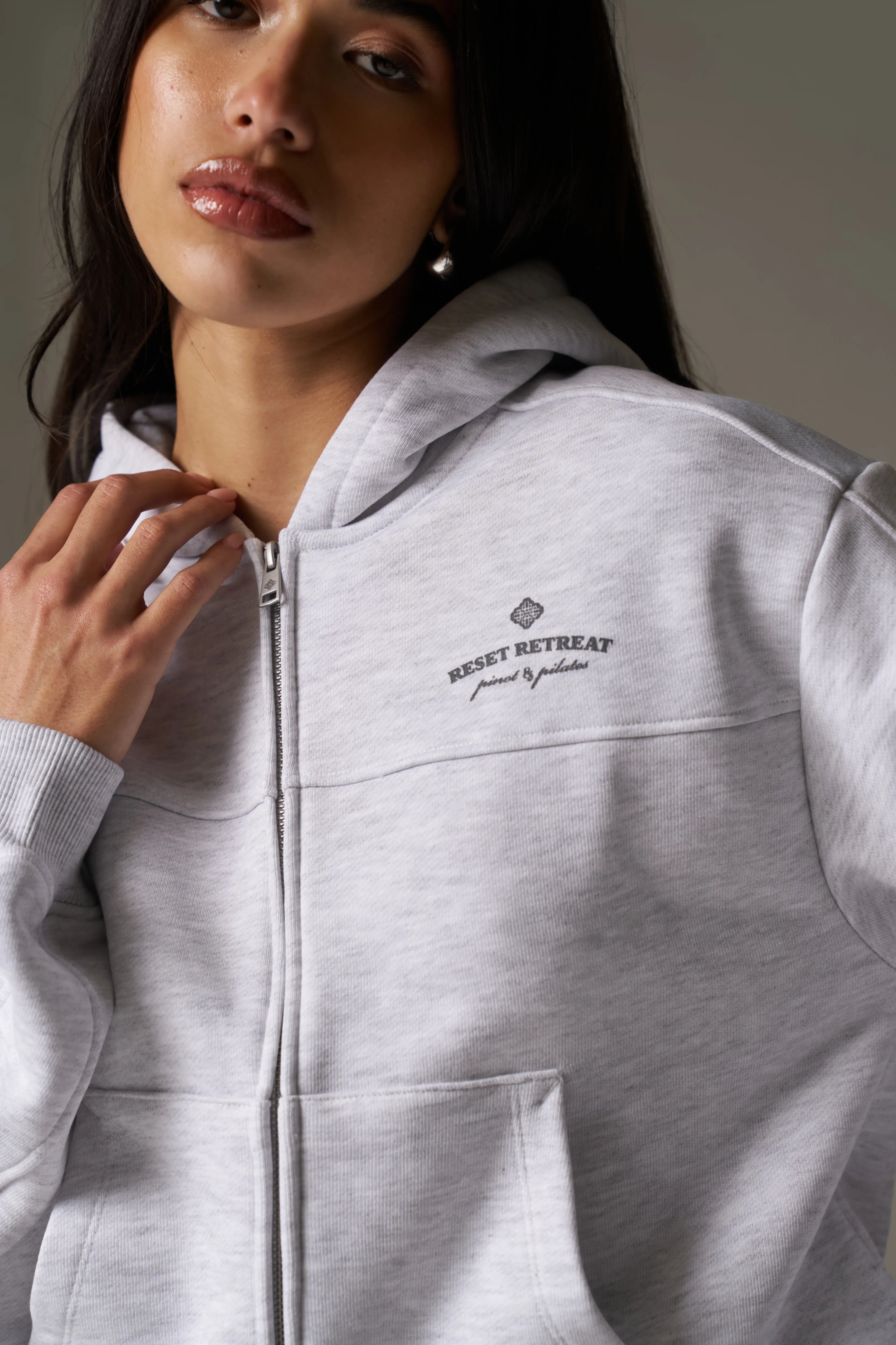 PILATES & PINOT ZIP THROUGH CROPPED HOODIE - GREY MARL