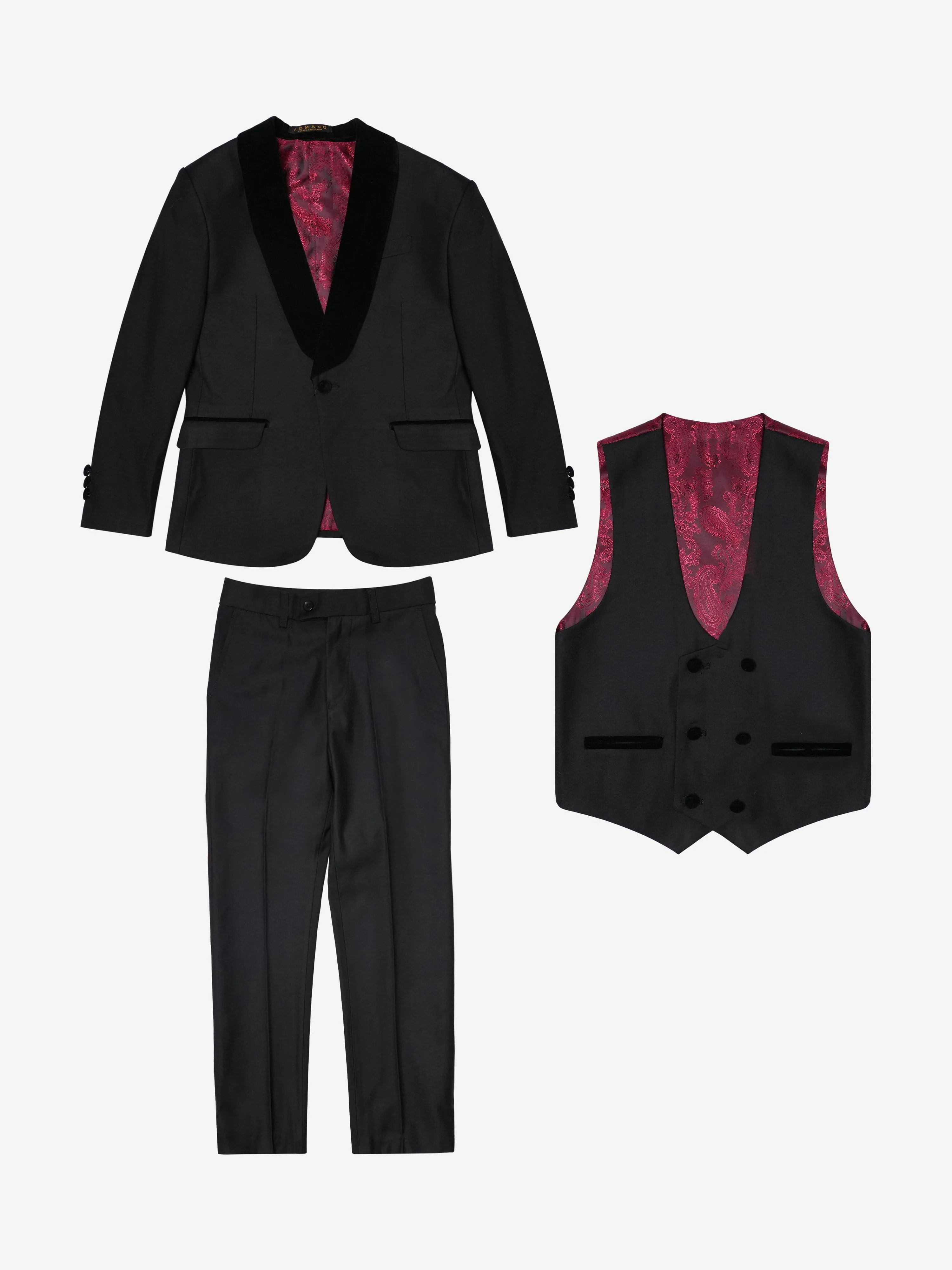 Romano Boys Banana Collar 3 Piece Suit in Black