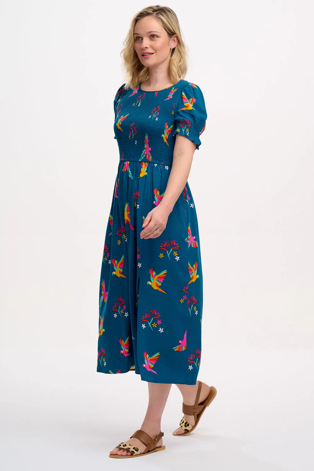 Rosita Shirred Midi Dress - Teal. Rainbow Parrots