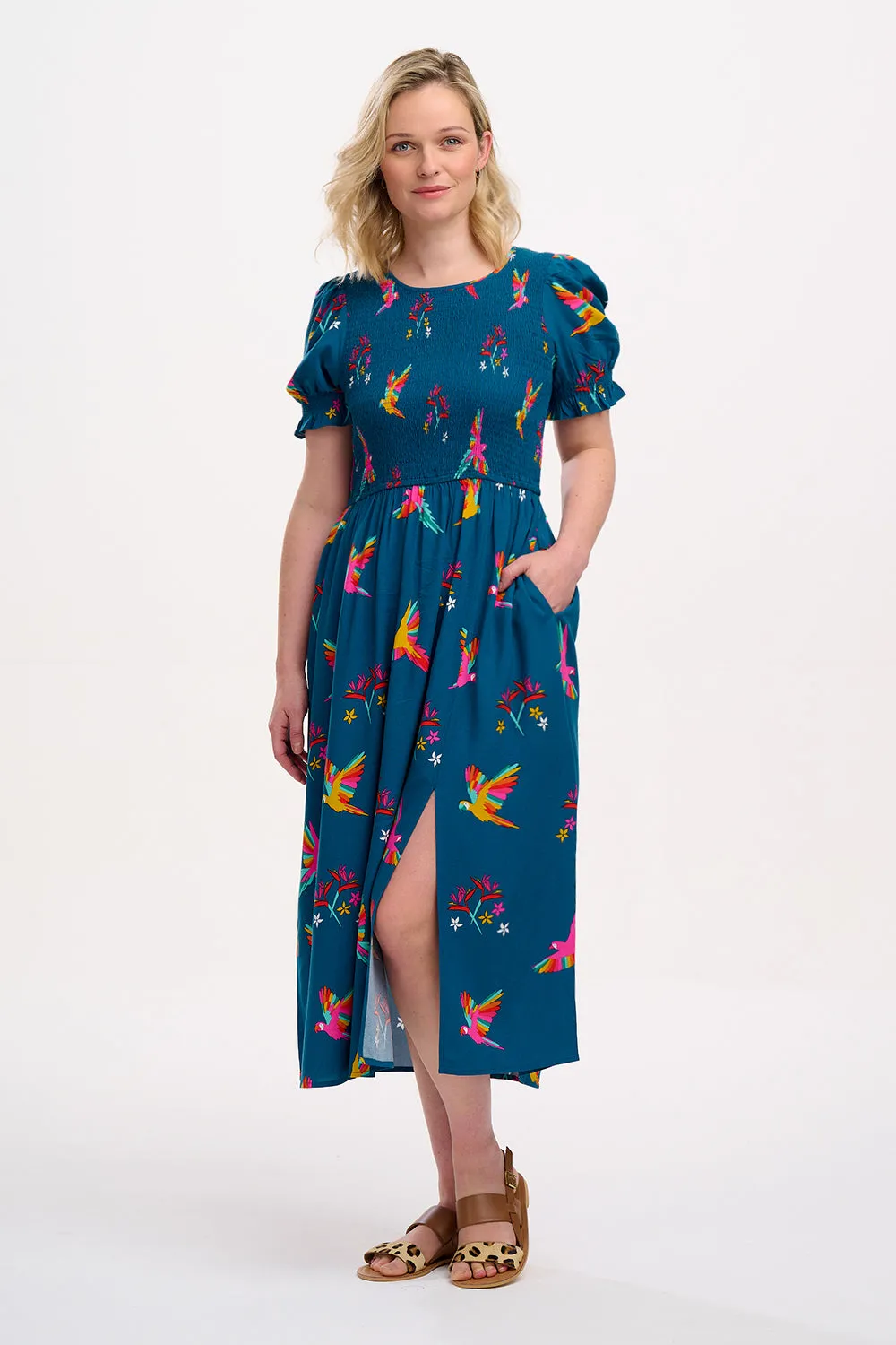 Rosita Shirred Midi Dress - Teal. Rainbow Parrots