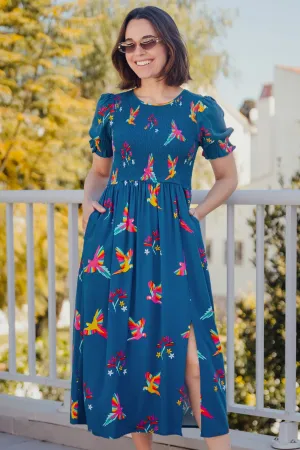 Rosita Shirred Midi Dress - Teal. Rainbow Parrots