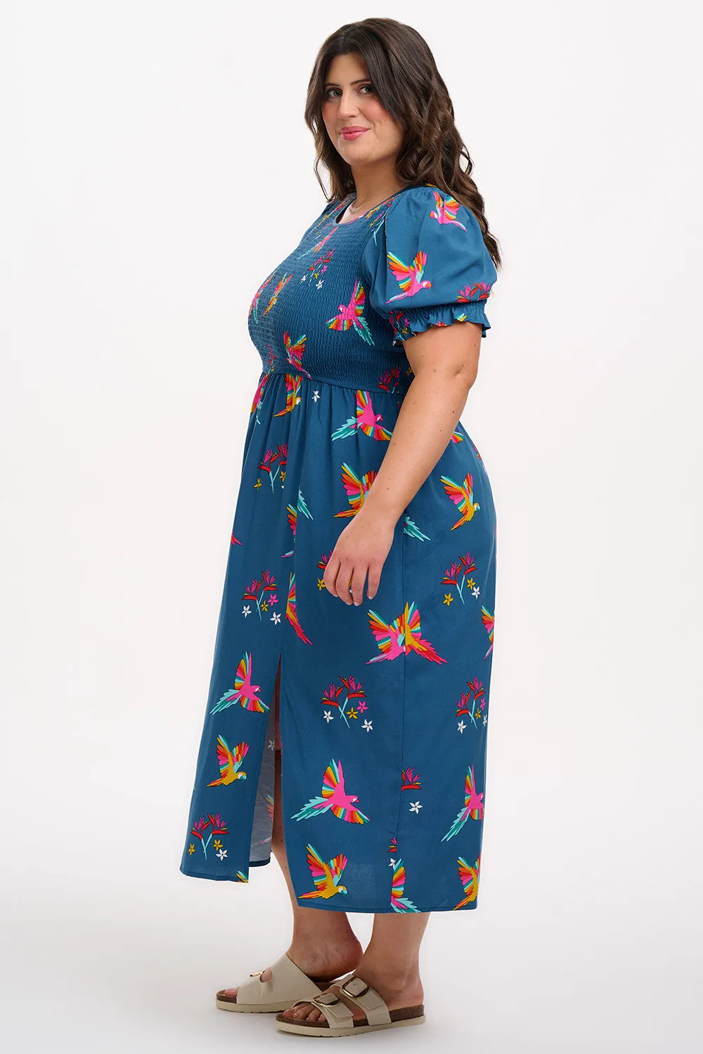 Rosita Shirred Midi Dress - Teal. Rainbow Parrots