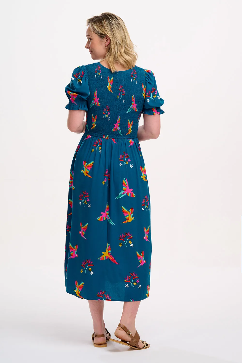 Rosita Shirred Midi Dress - Teal. Rainbow Parrots
