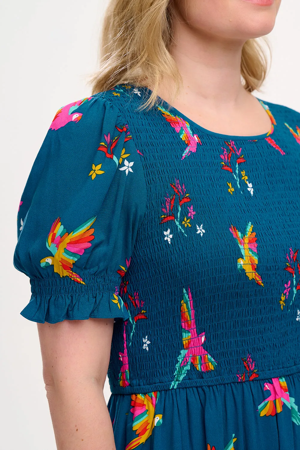 Rosita Shirred Midi Dress - Teal. Rainbow Parrots