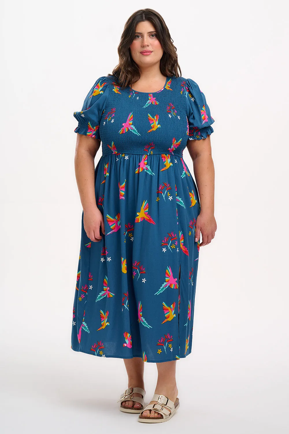 Rosita Shirred Midi Dress - Teal. Rainbow Parrots