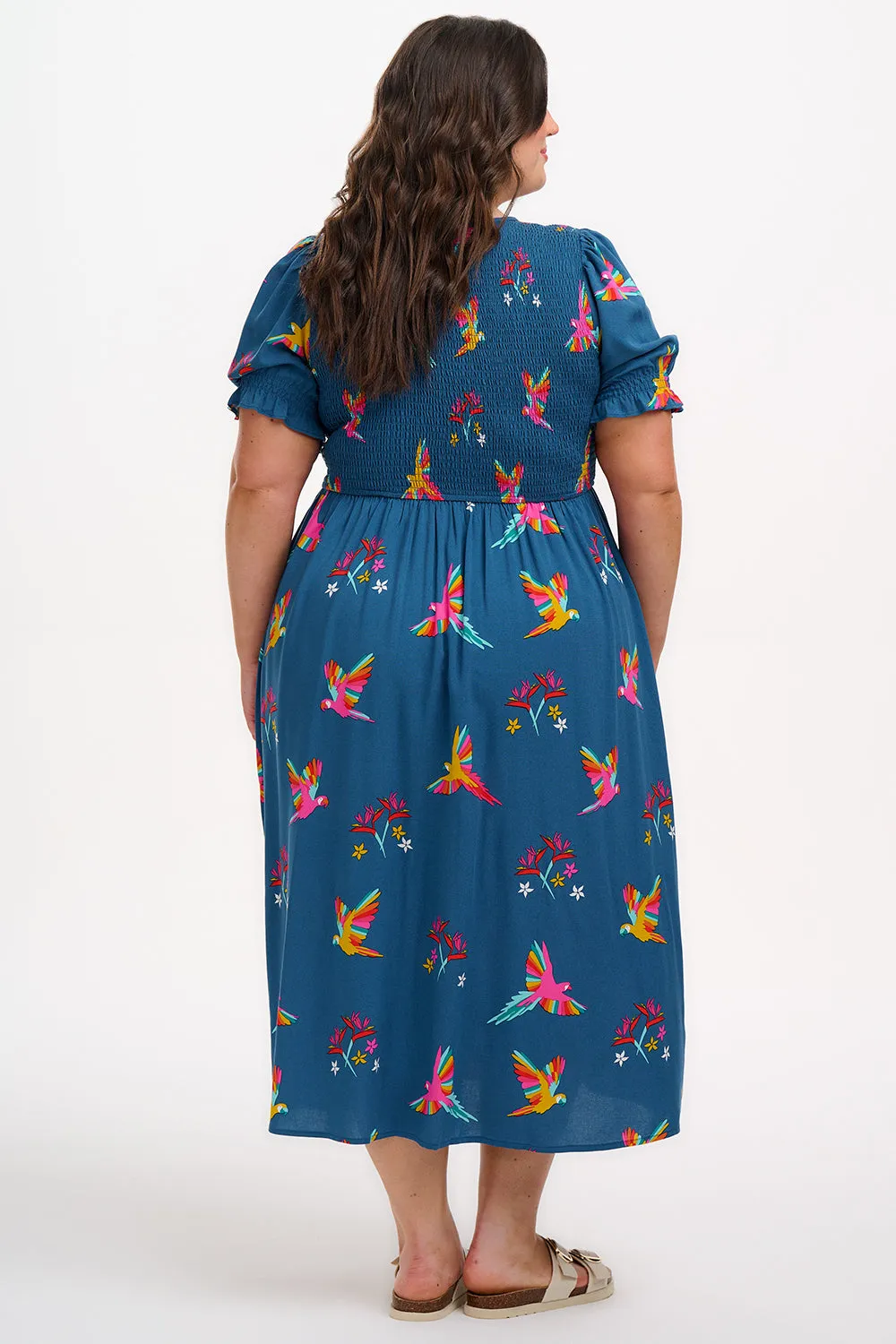 Rosita Shirred Midi Dress - Teal. Rainbow Parrots