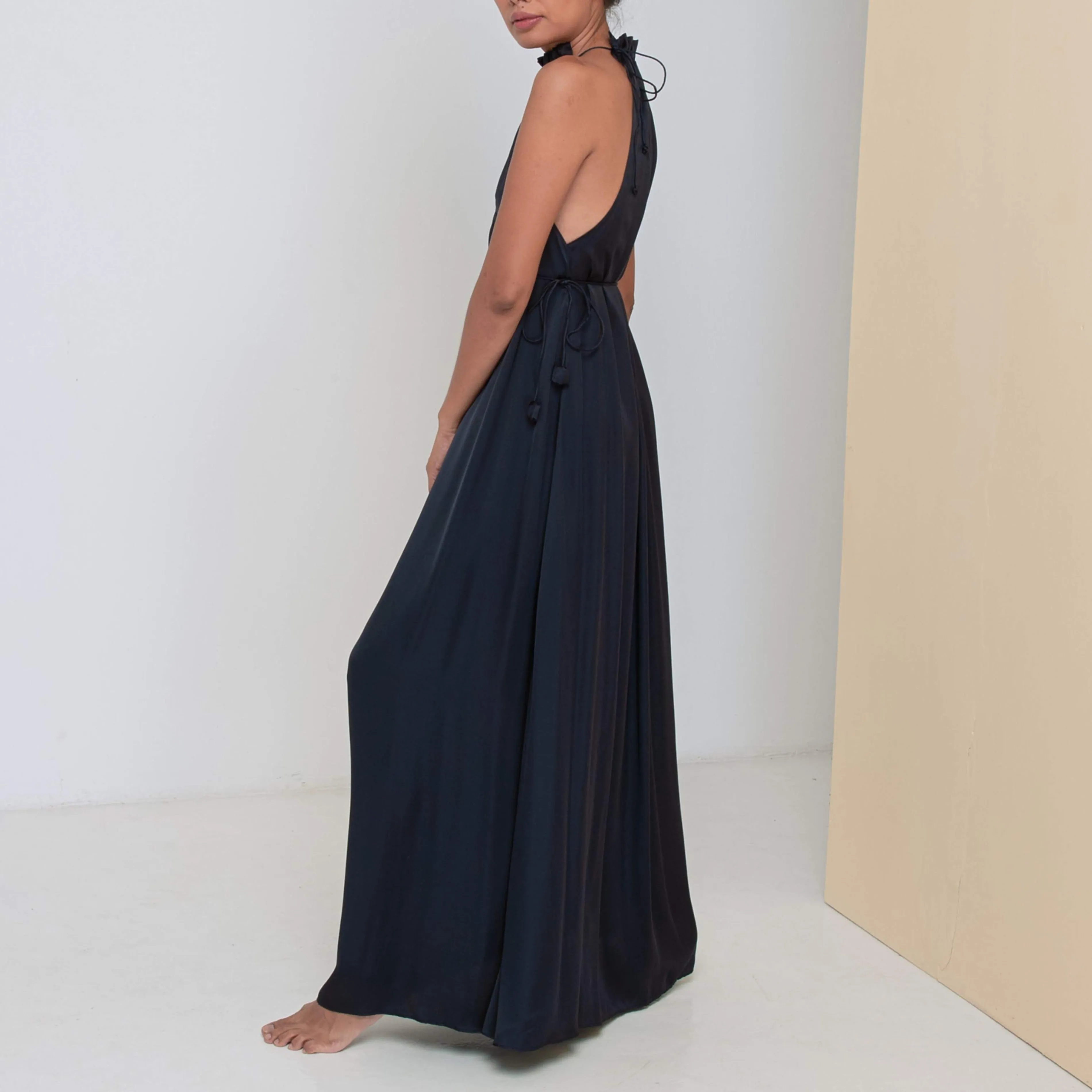 STREAM LONG HALTER DRESS - Rayon Viscose Satin | Midnight Blue