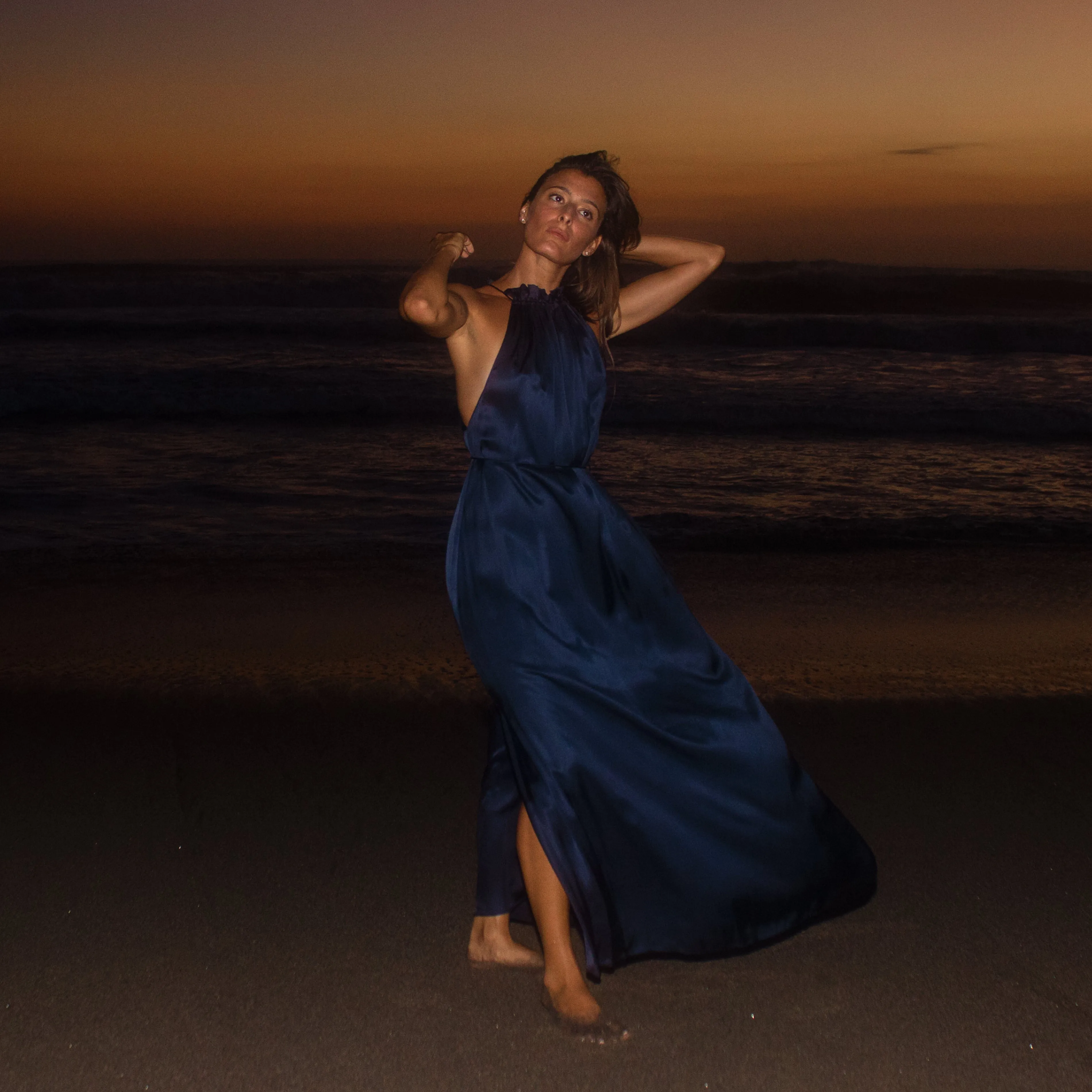 STREAM LONG HALTER DRESS - Rayon Viscose Satin | Midnight Blue