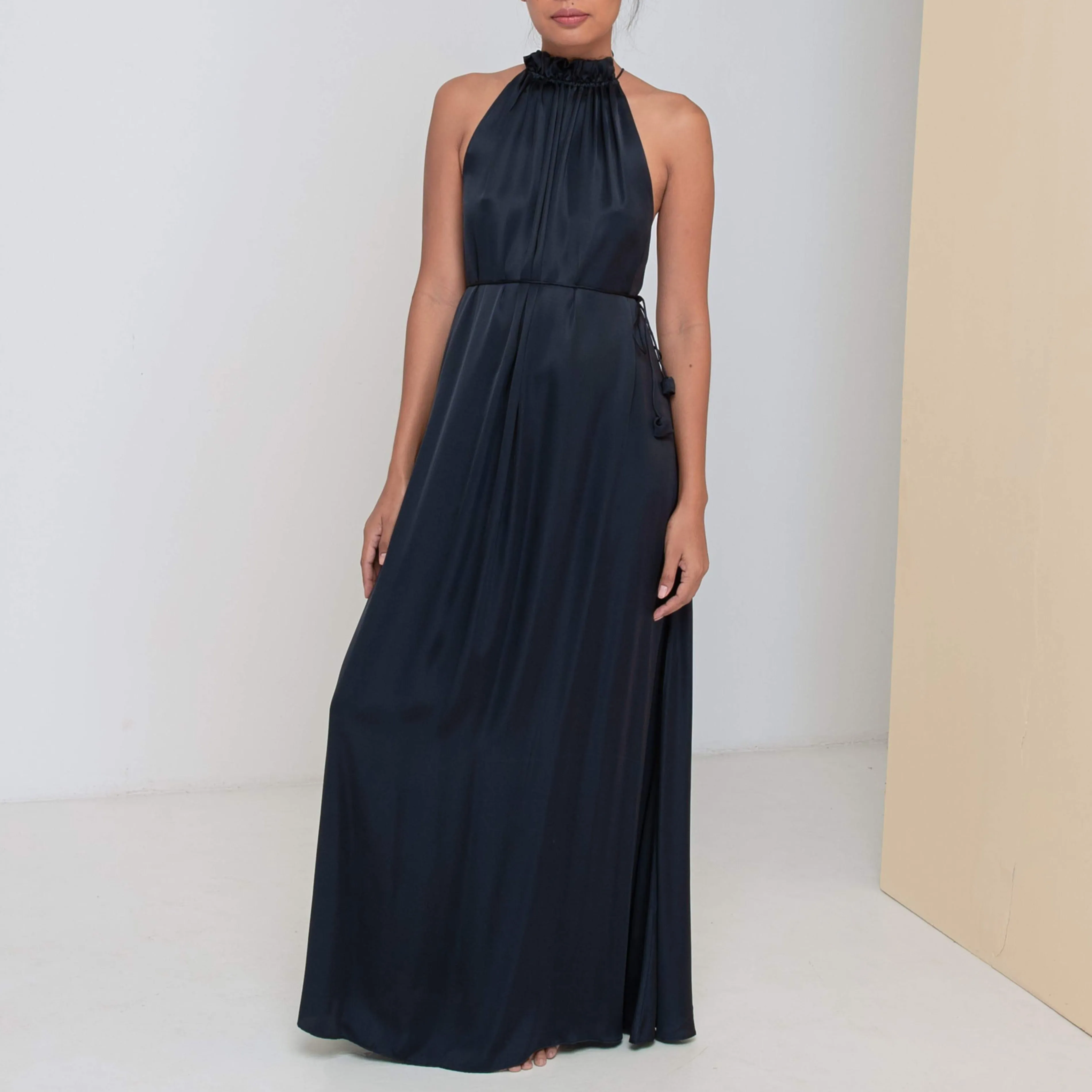 STREAM LONG HALTER DRESS - Rayon Viscose Satin | Midnight Blue