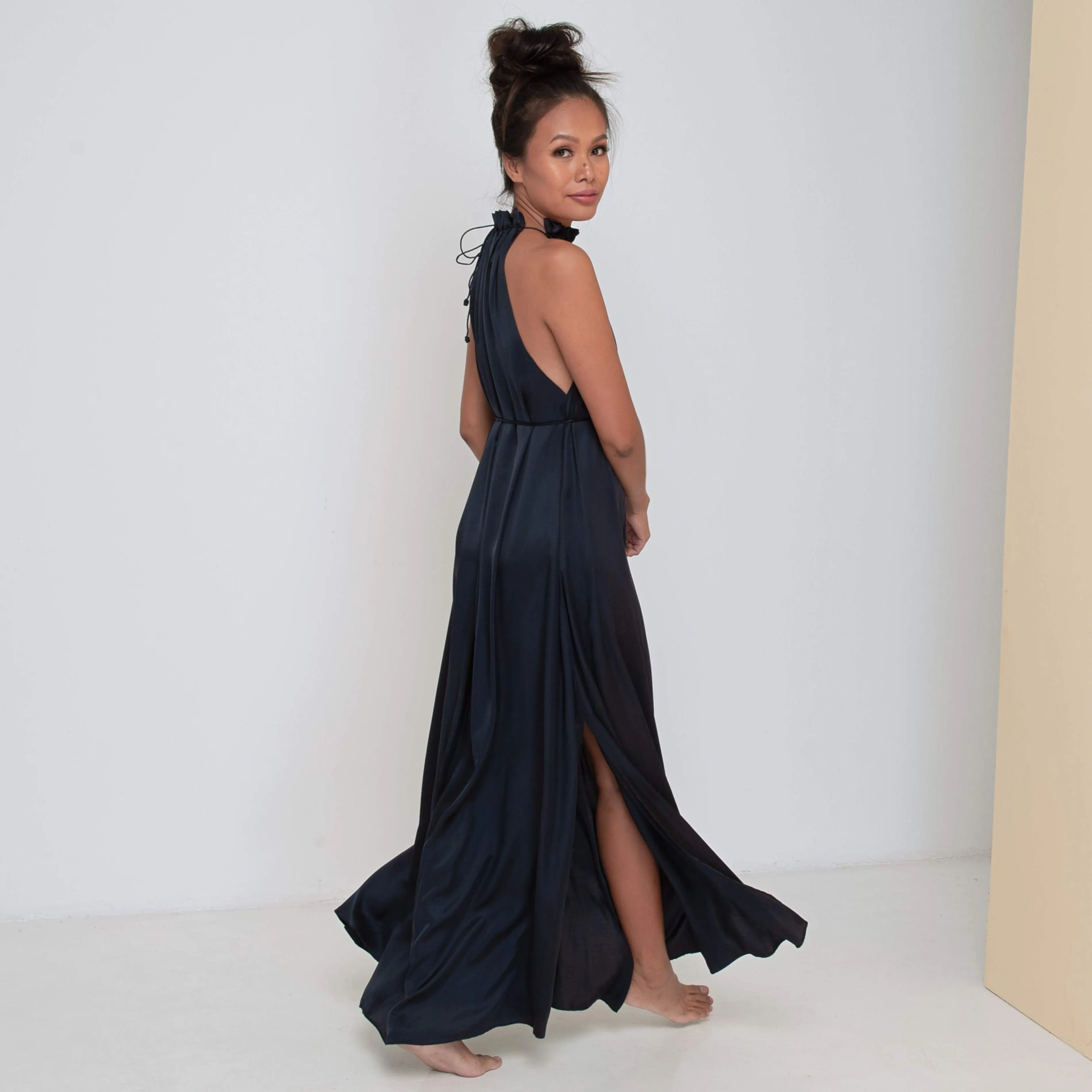 STREAM LONG HALTER DRESS - Rayon Viscose Satin | Midnight Blue