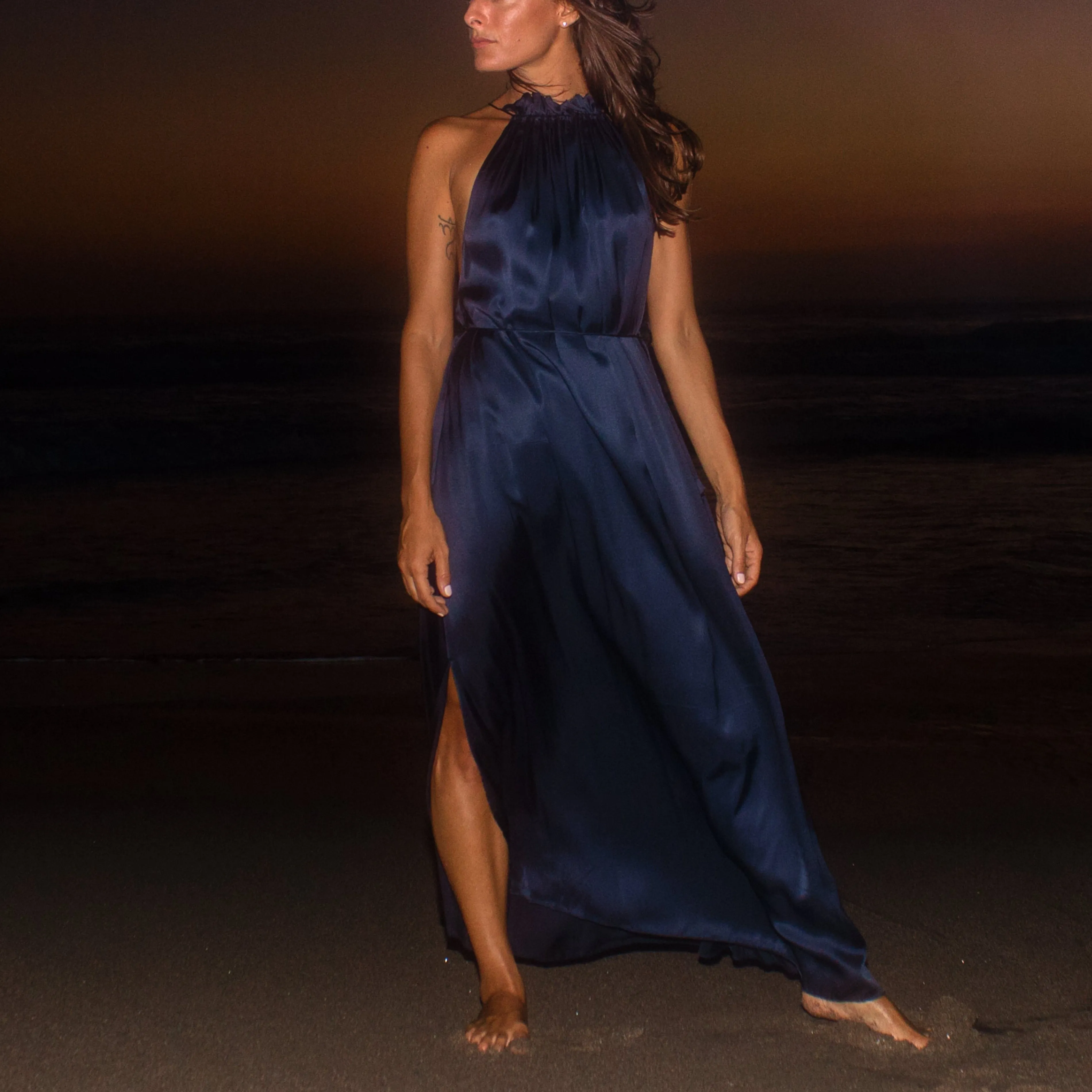 STREAM LONG HALTER DRESS - Rayon Viscose Satin | Midnight Blue