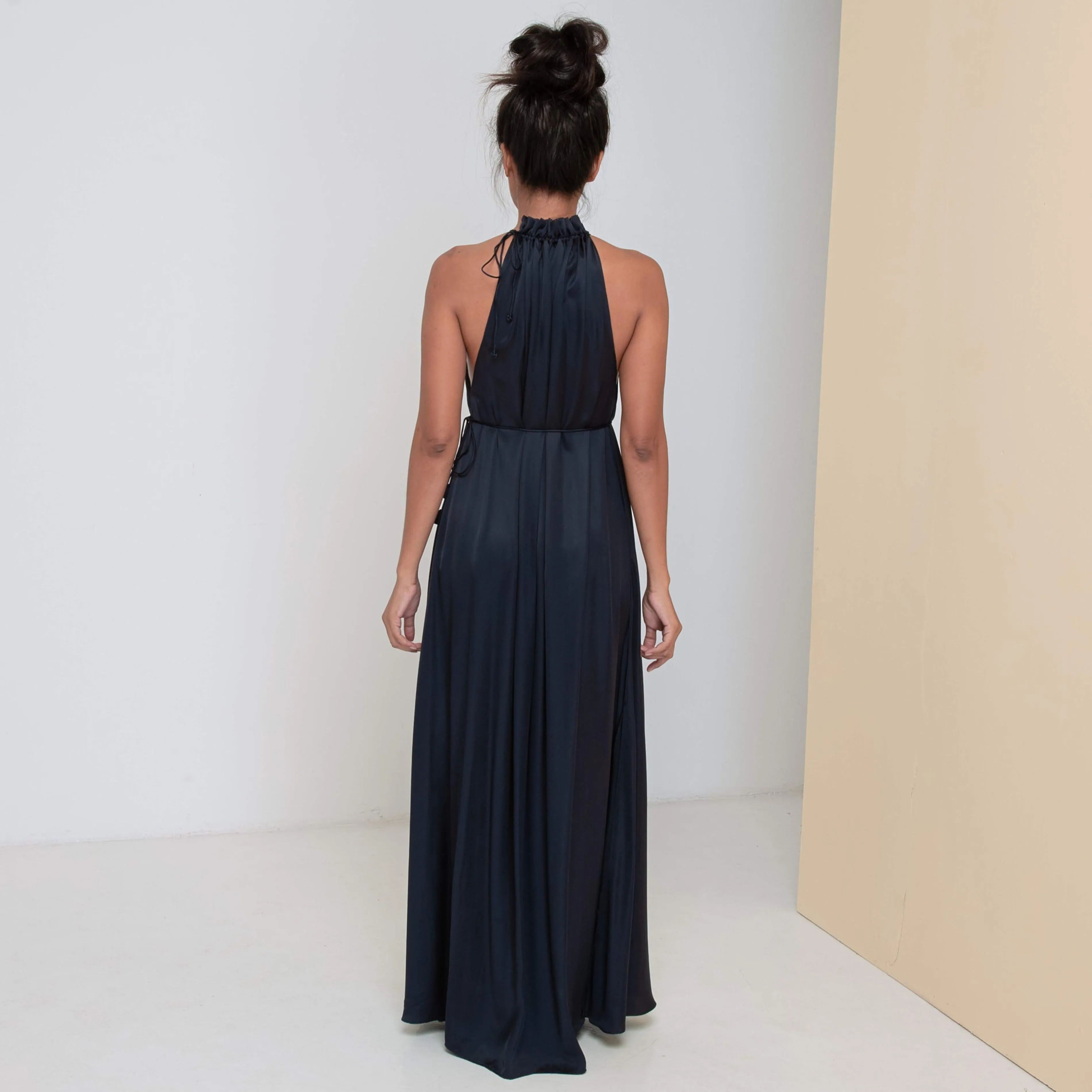STREAM LONG HALTER DRESS - Rayon Viscose Satin | Midnight Blue