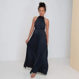 STREAM LONG HALTER DRESS - Rayon Viscose Satin | Midnight Blue