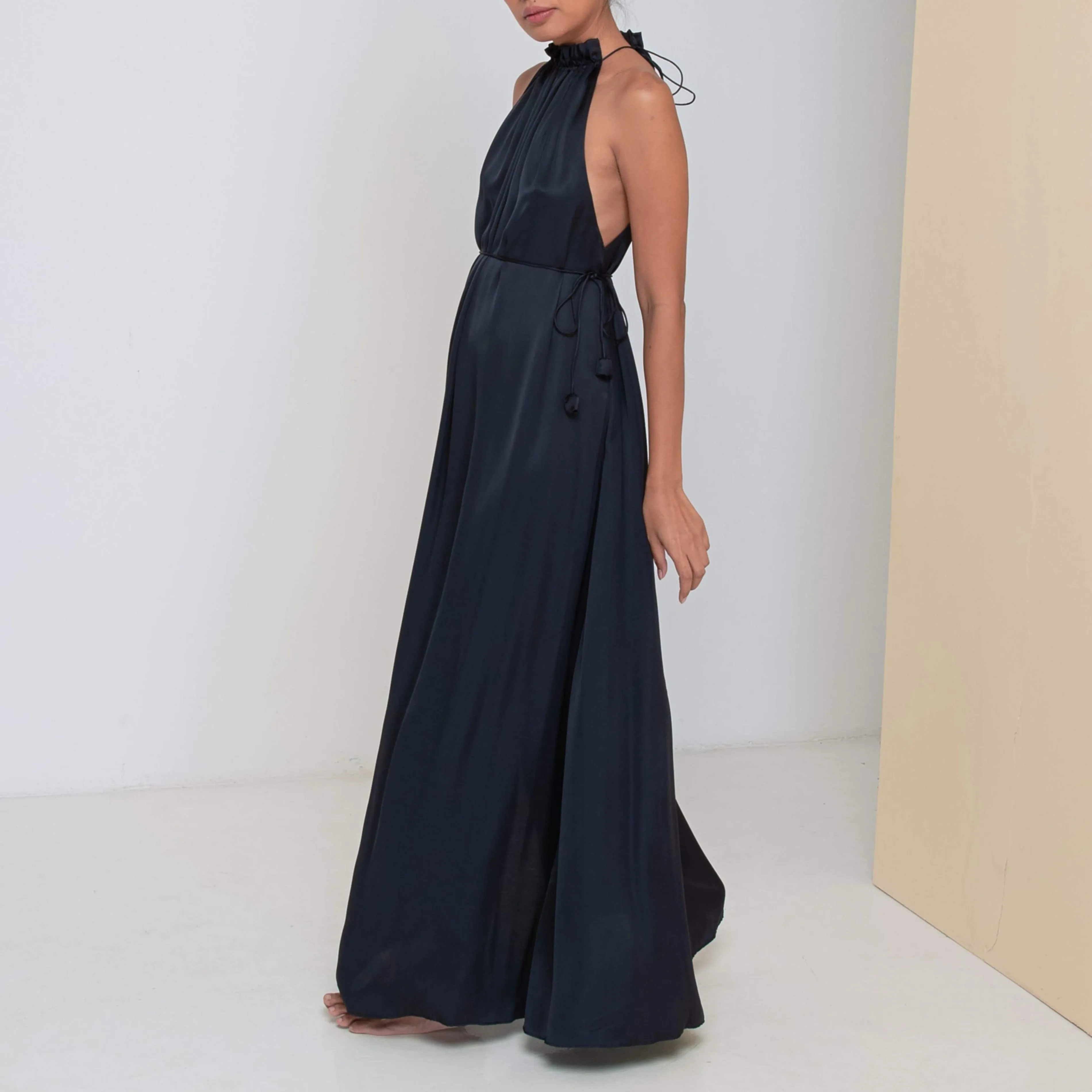 STREAM LONG HALTER DRESS - Rayon Viscose Satin | Midnight Blue