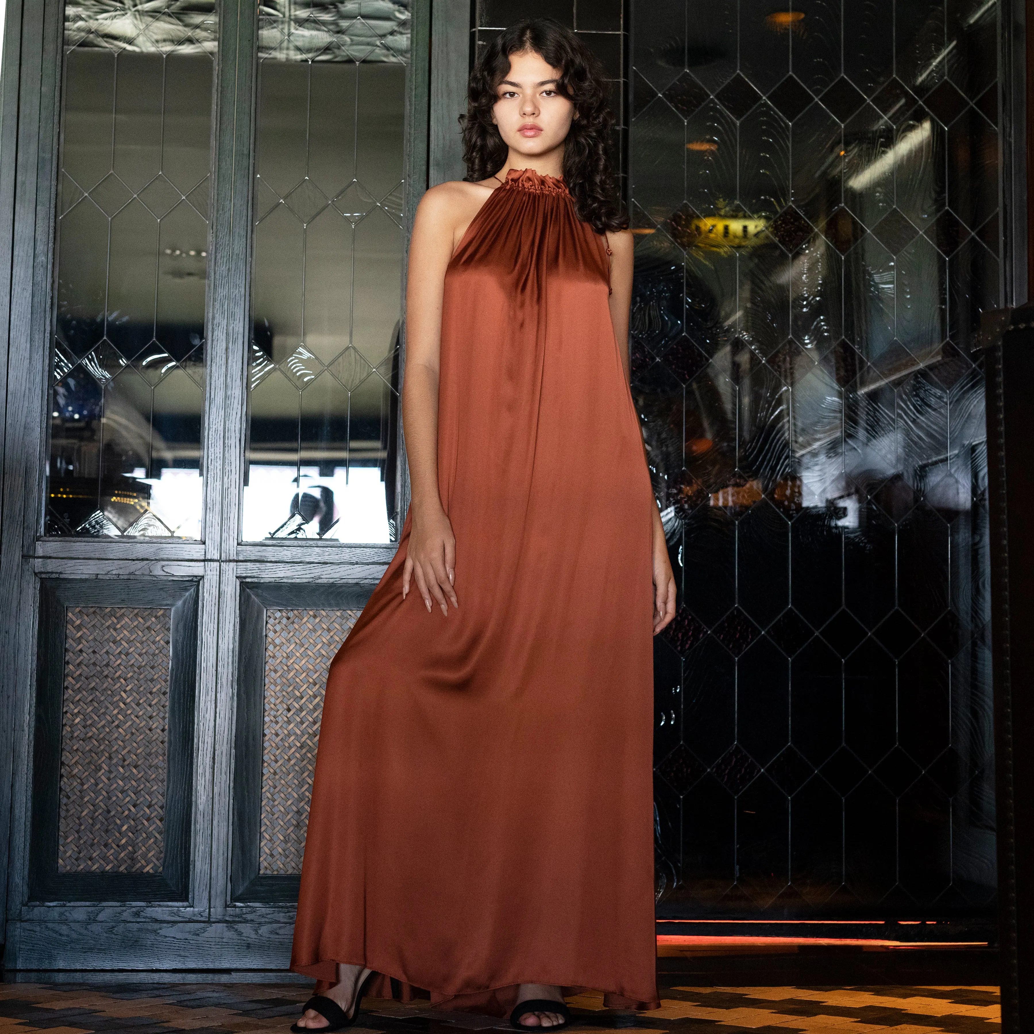 STREAM LONG HALTER DRESS - Rayon Viscose Satin | Rusty