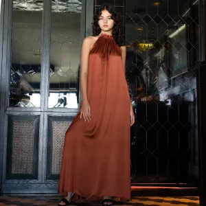 STREAM LONG HALTER DRESS - Rayon Viscose Satin | Rusty