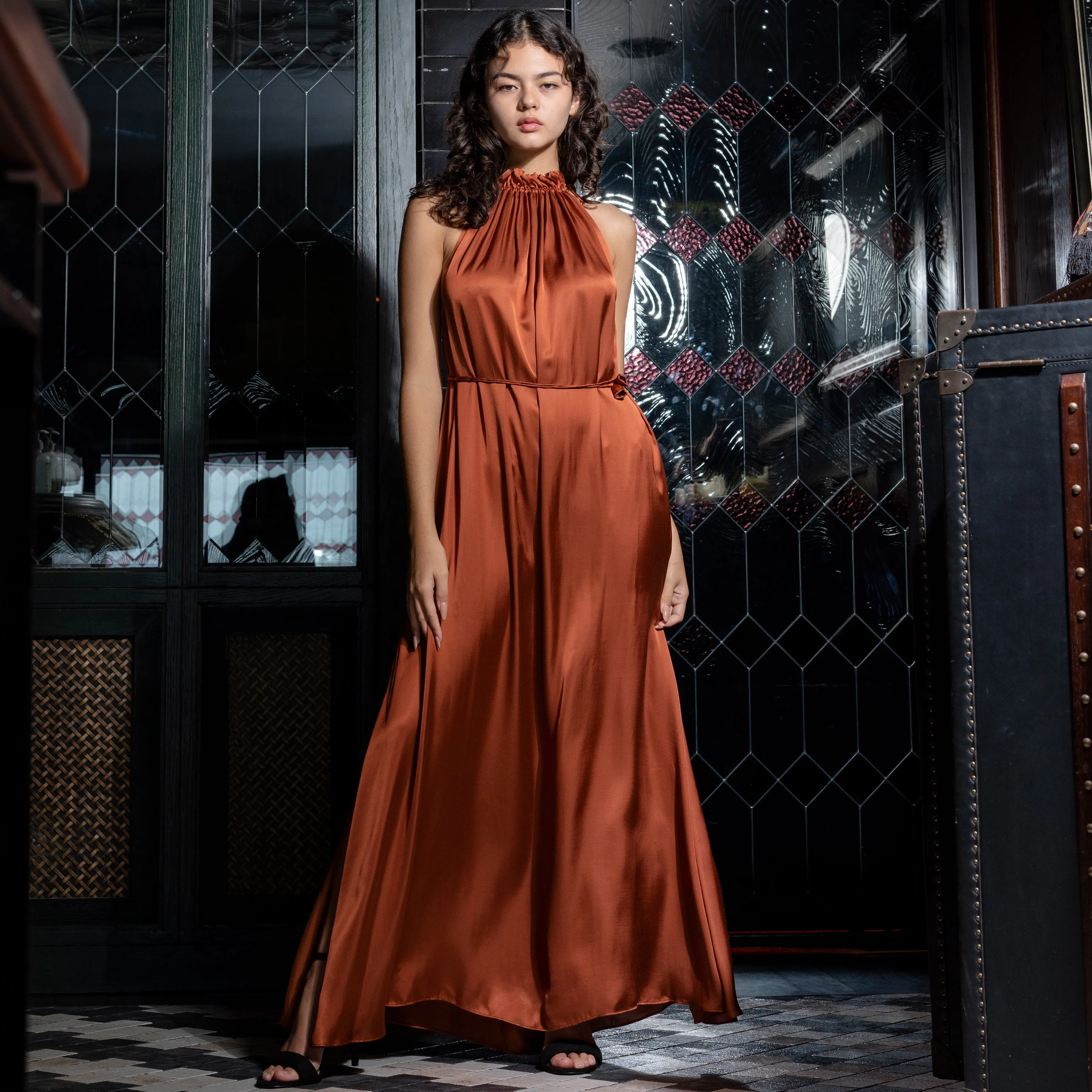 STREAM LONG HALTER DRESS - Rayon Viscose Satin | Rusty