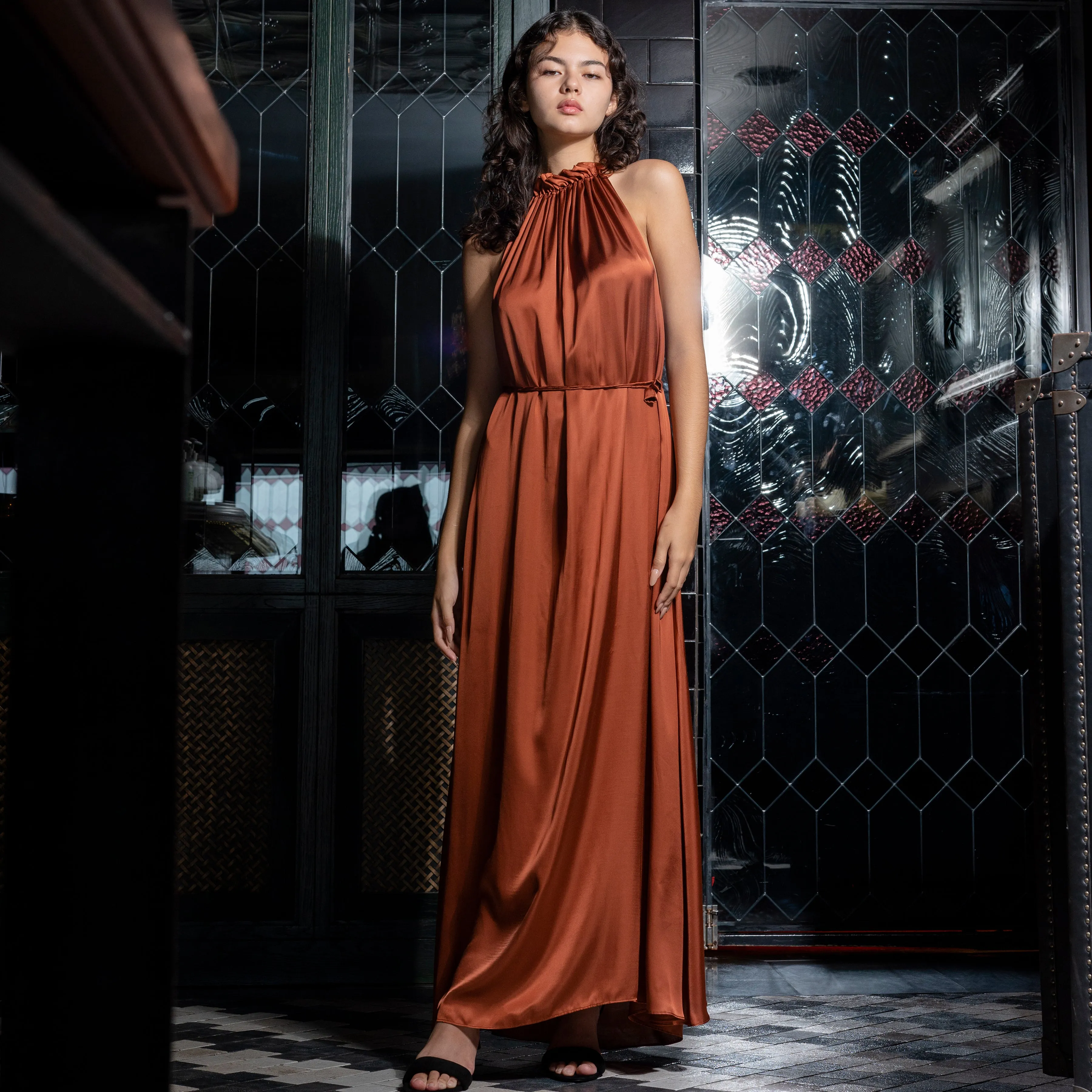 STREAM LONG HALTER DRESS - Rayon Viscose Satin | Rusty