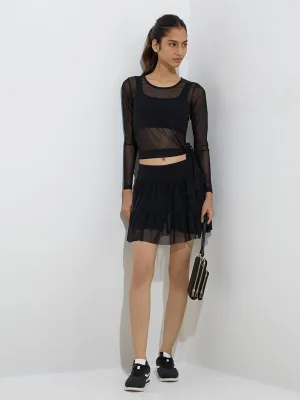Studiofit Black Mesh Detailed High-Rise Cotton-Blend Skirt