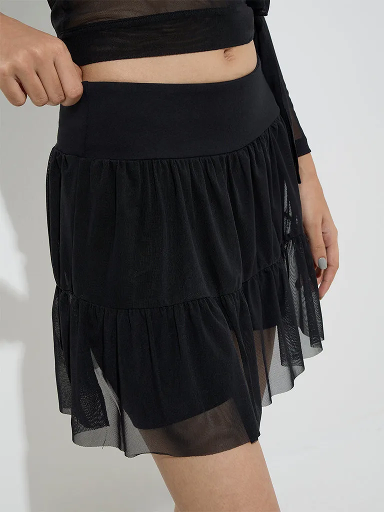 Studiofit Black Mesh Detailed High-Rise Cotton-Blend Skirt