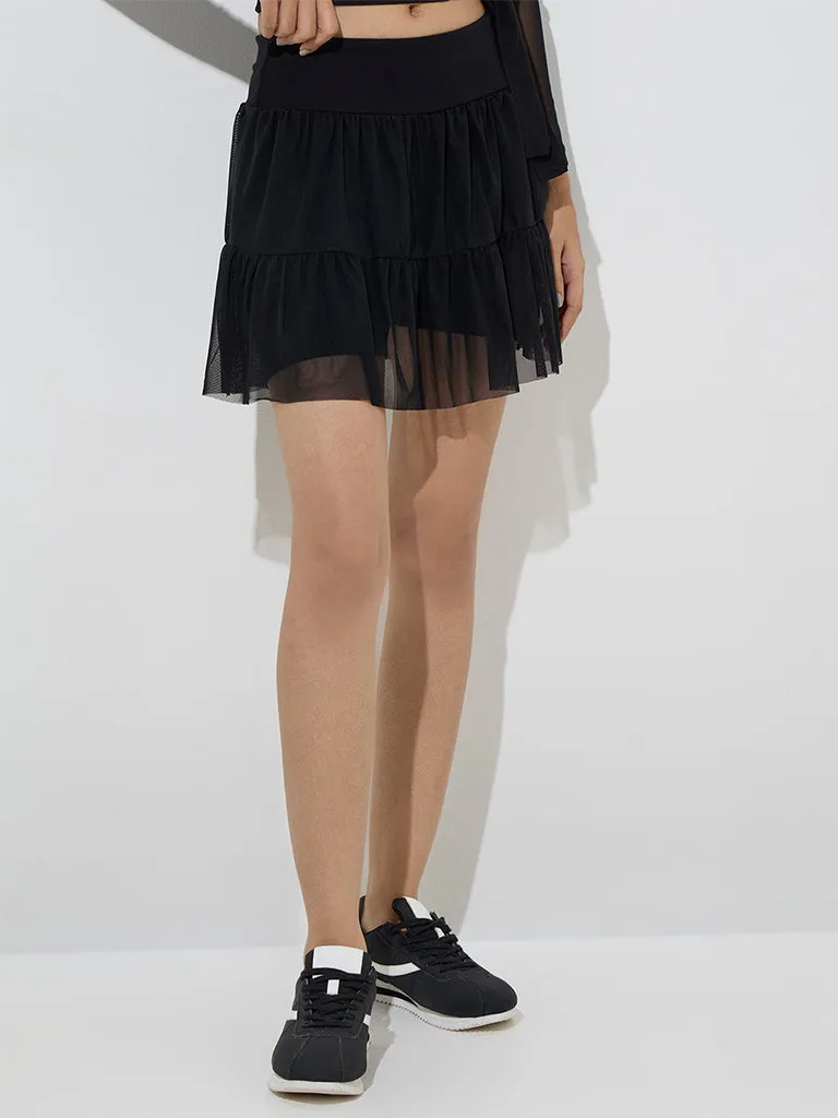 Studiofit Black Mesh Detailed High-Rise Cotton-Blend Skirt