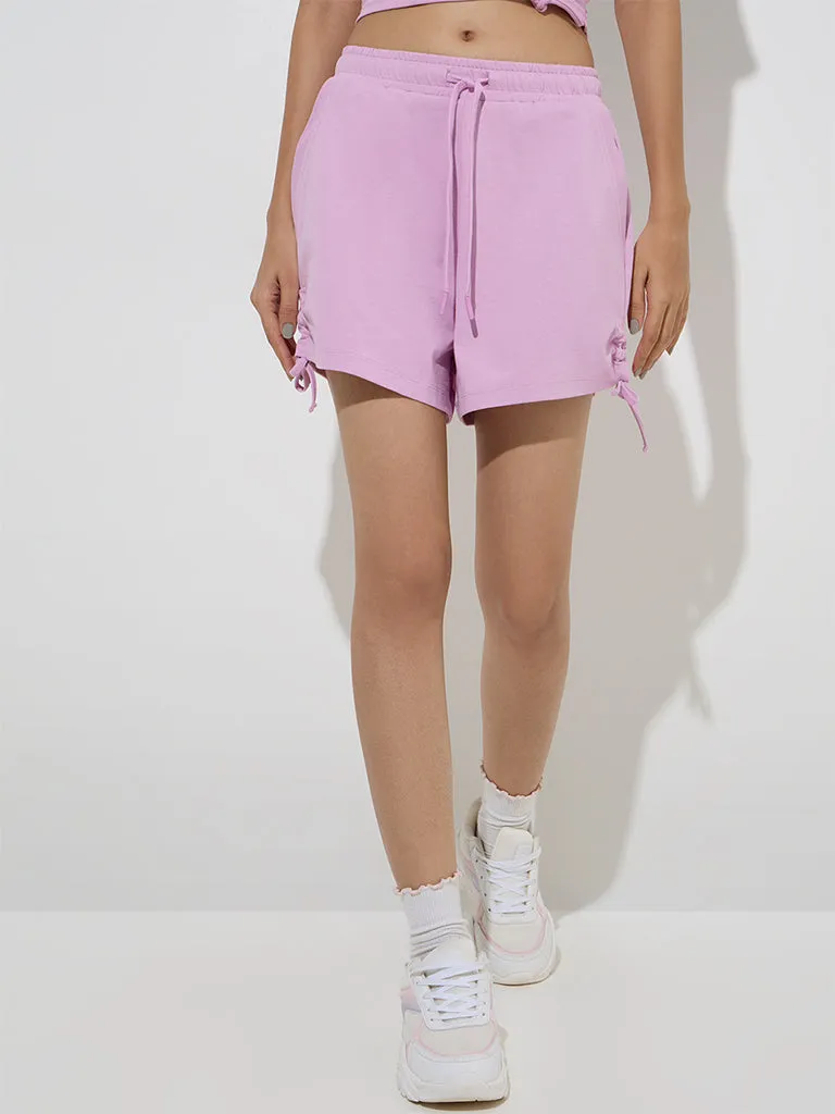 Studiofit Pink Ruched-Detailed High-Rise Cotton Shorts