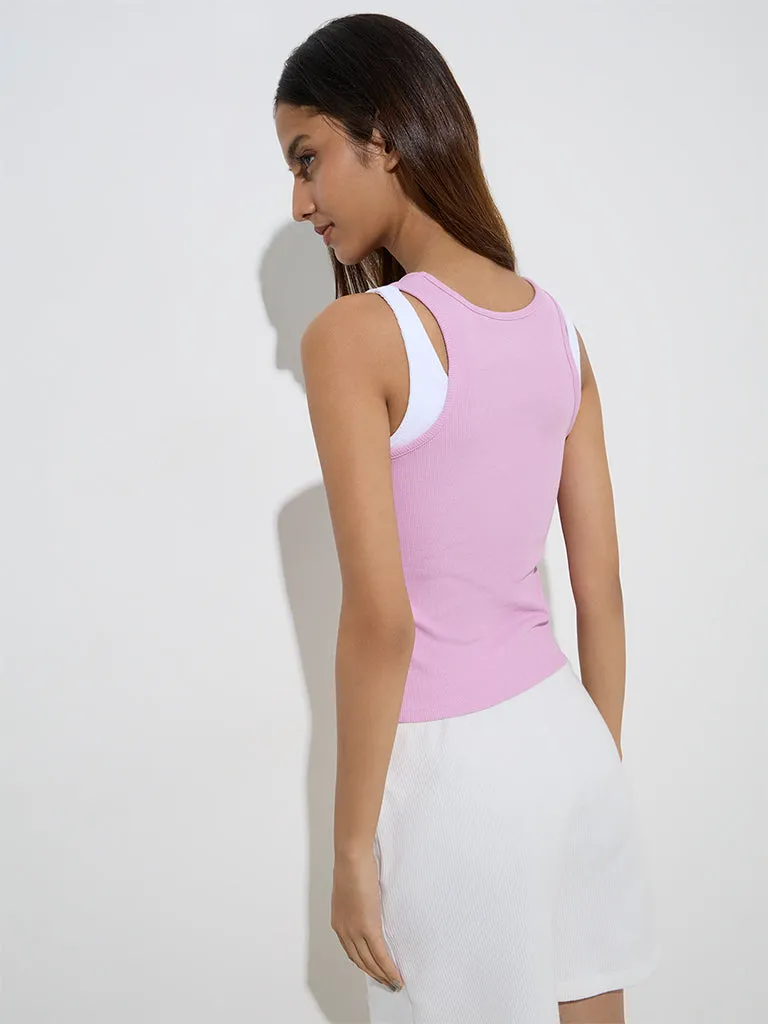 Studiofit Pink Text Design Ribbed Cotton-Blend Tank Top