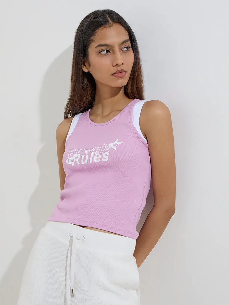 Studiofit Pink Text Design Ribbed Cotton-Blend Tank Top