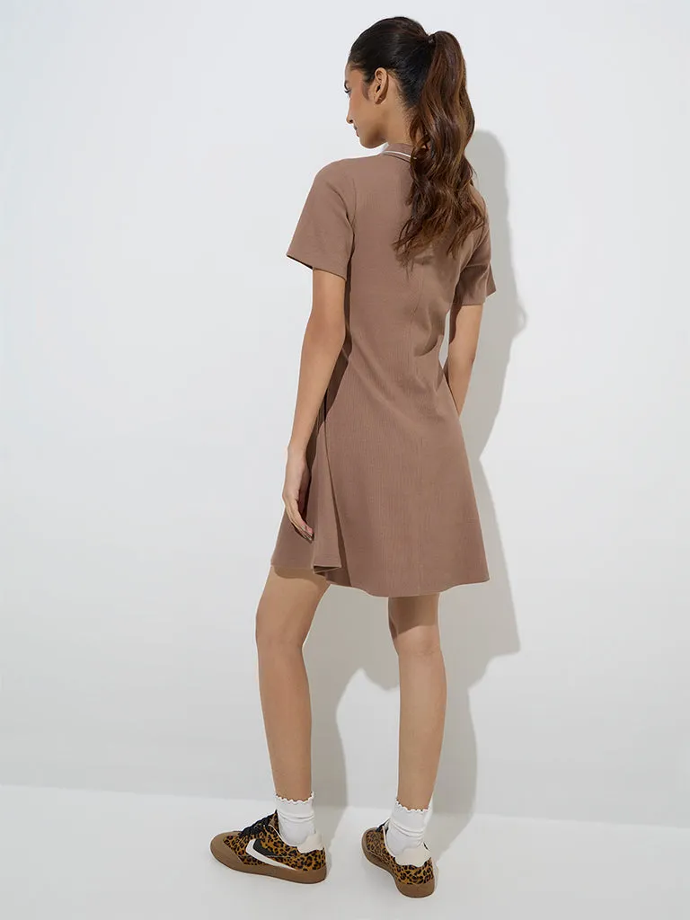 Studiofit Taupe Ribbed Cotton-Blend Skater Dress