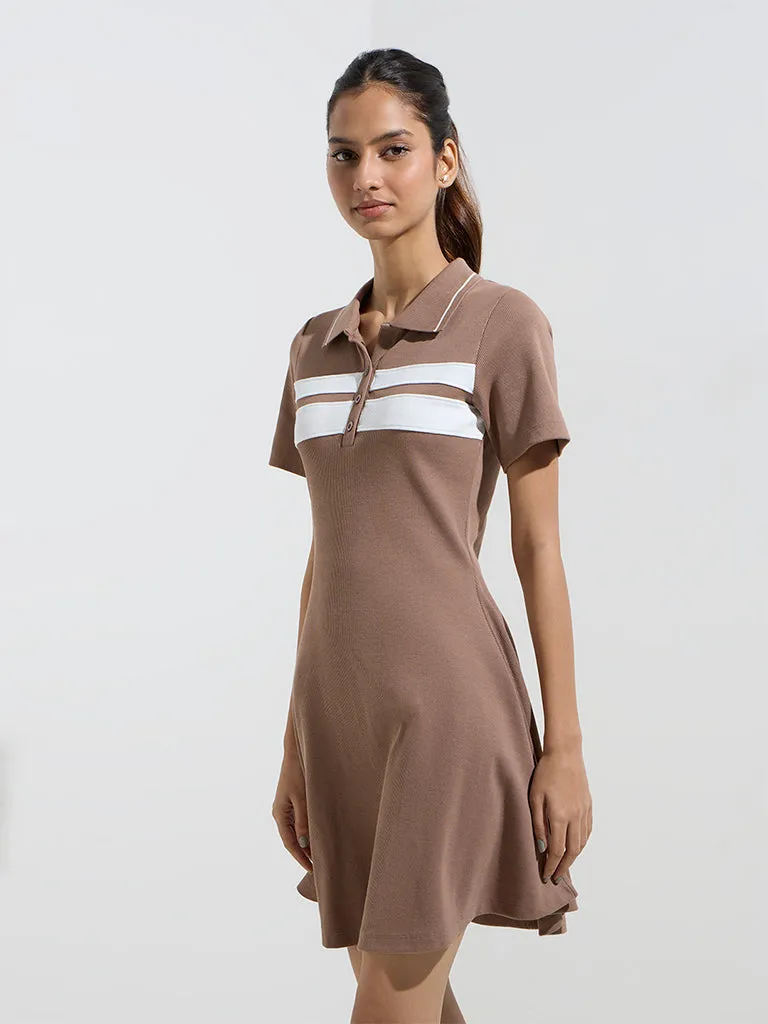 Studiofit Taupe Ribbed Cotton-Blend Skater Dress