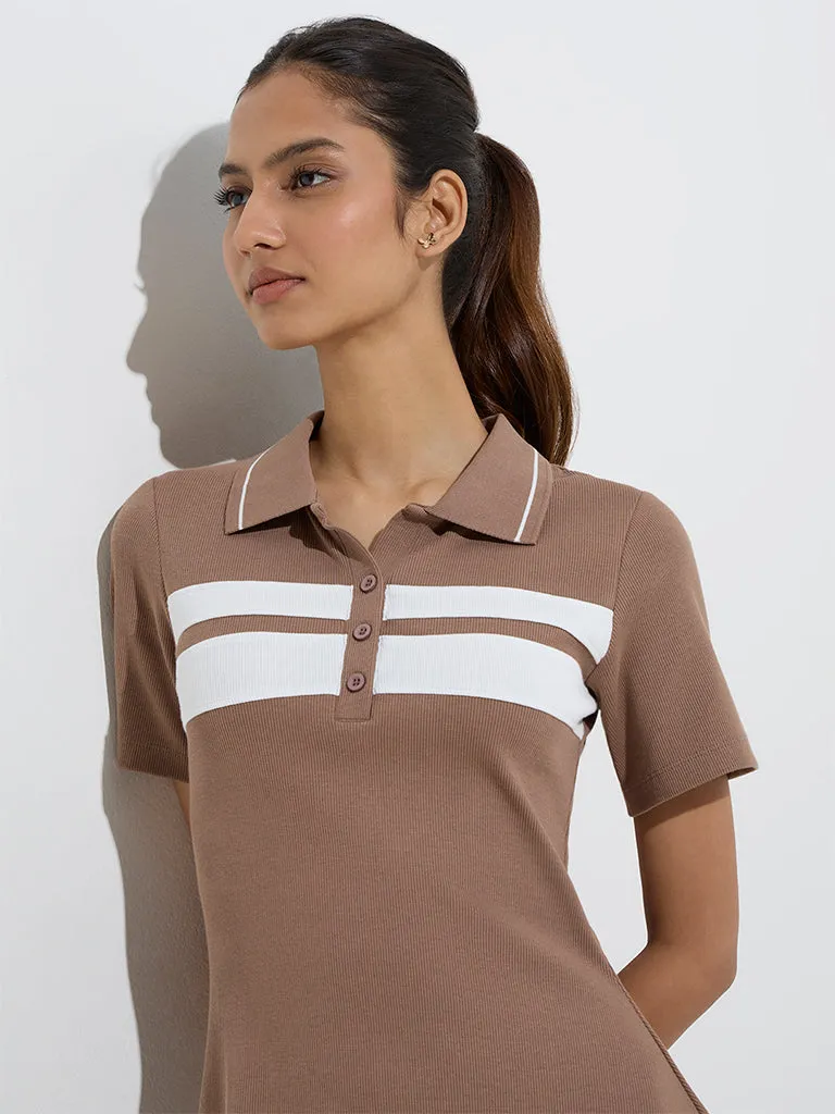 Studiofit Taupe Ribbed Cotton-Blend Skater Dress