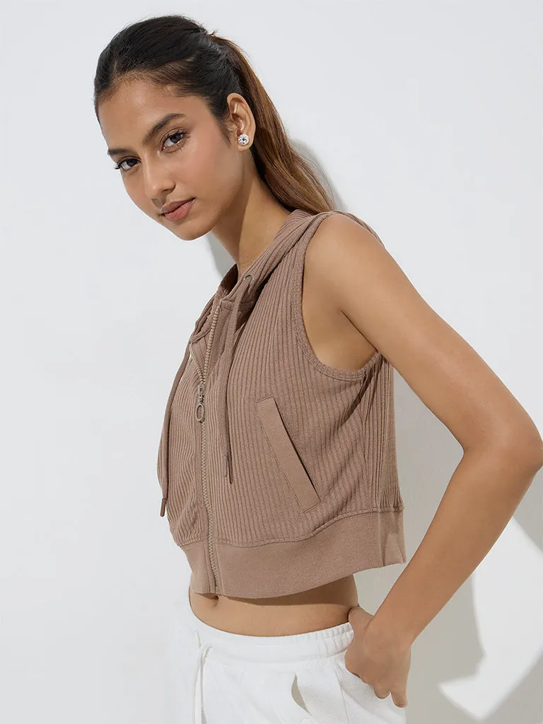Studiofit Taupe Ribbed-Textured Hooded Jacket