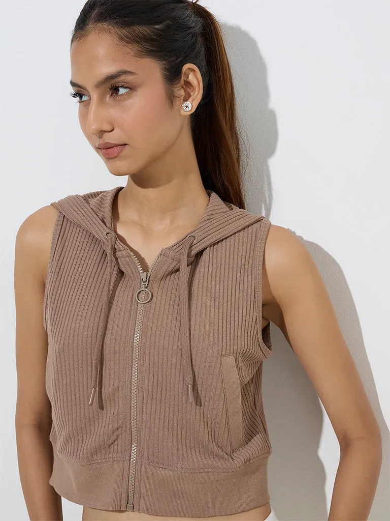Studiofit Taupe Ribbed-Textured Hooded Jacket