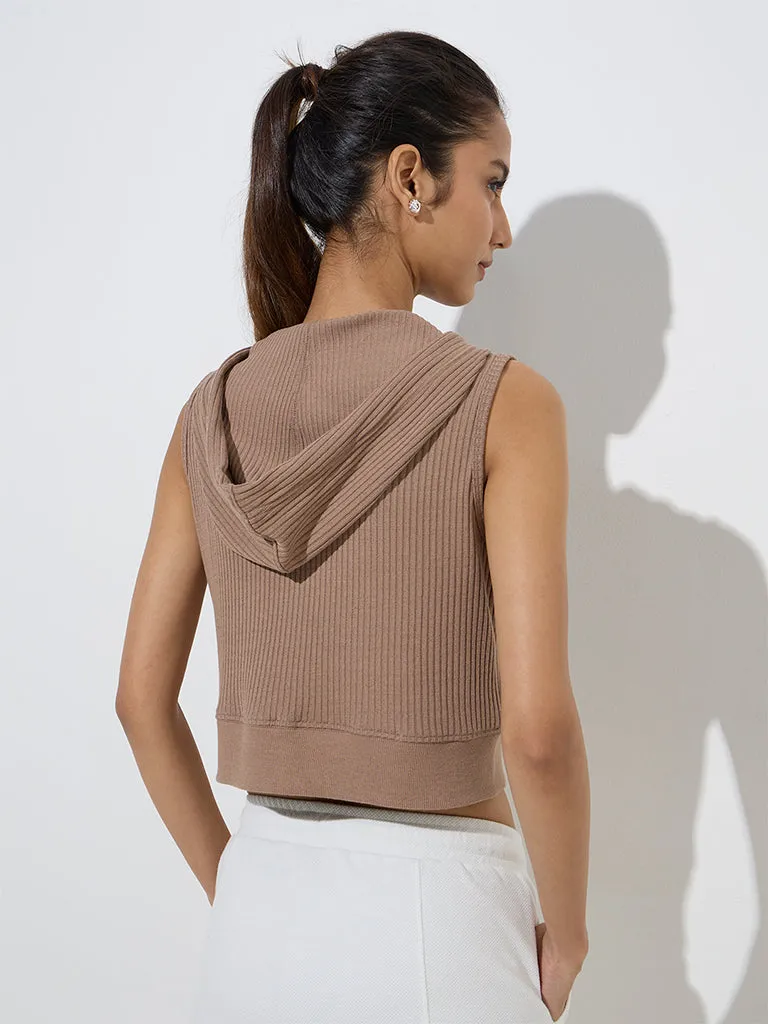 Studiofit Taupe Ribbed-Textured Hooded Jacket