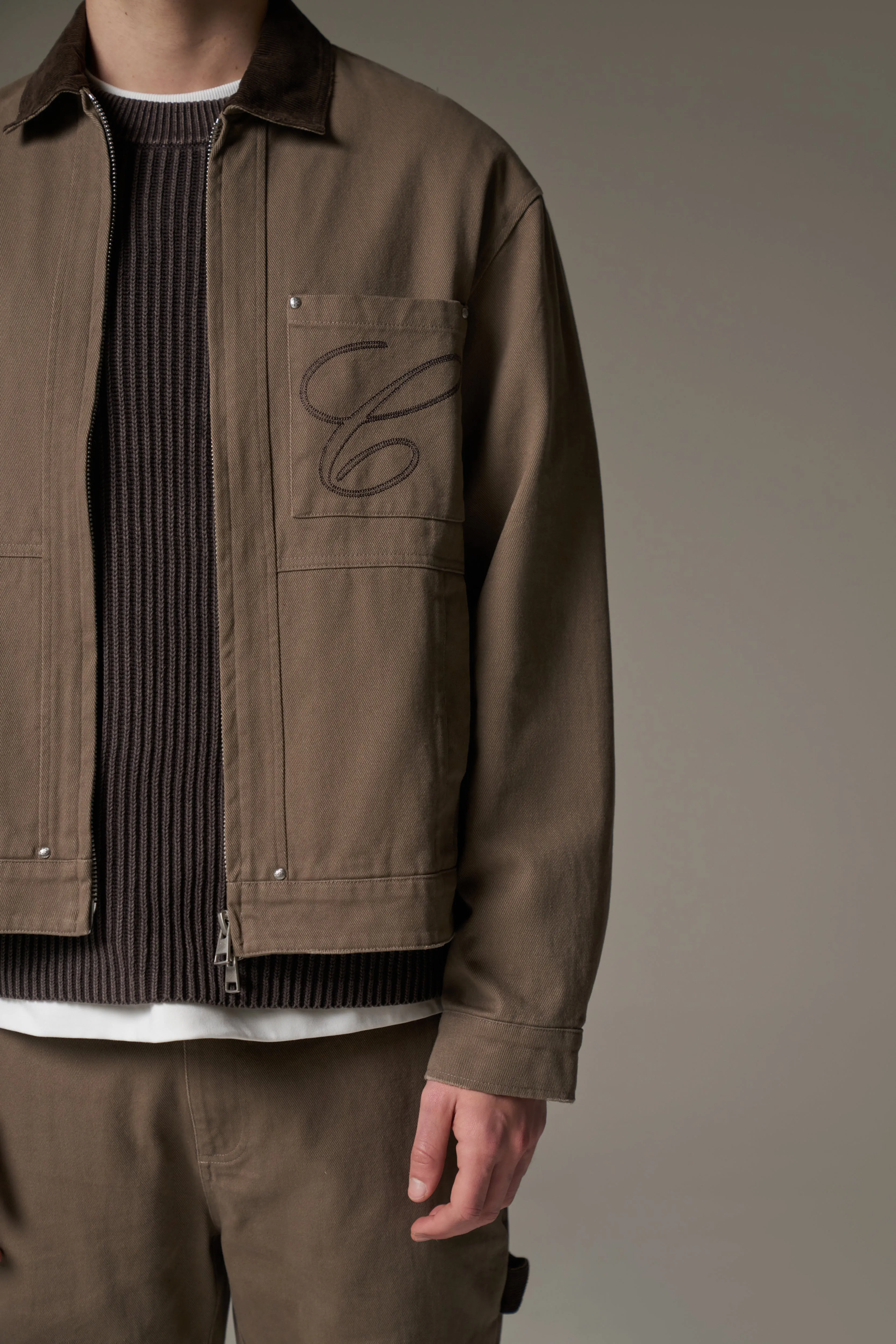 TWILL CONTRAST COLLAR JACKET - WASHED BROWN