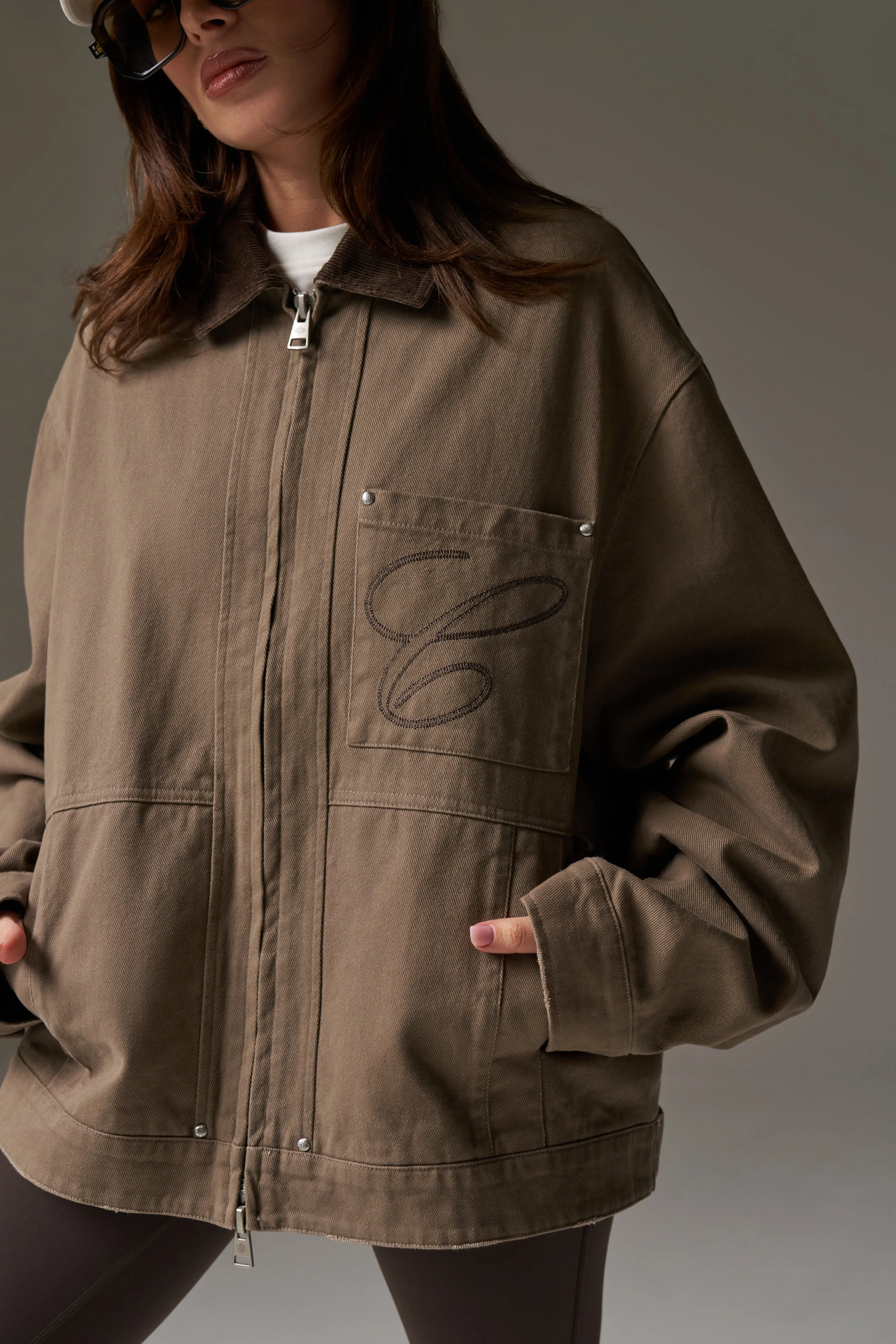 TWILL CONTRAST COLLAR JACKET - WASHED BROWN