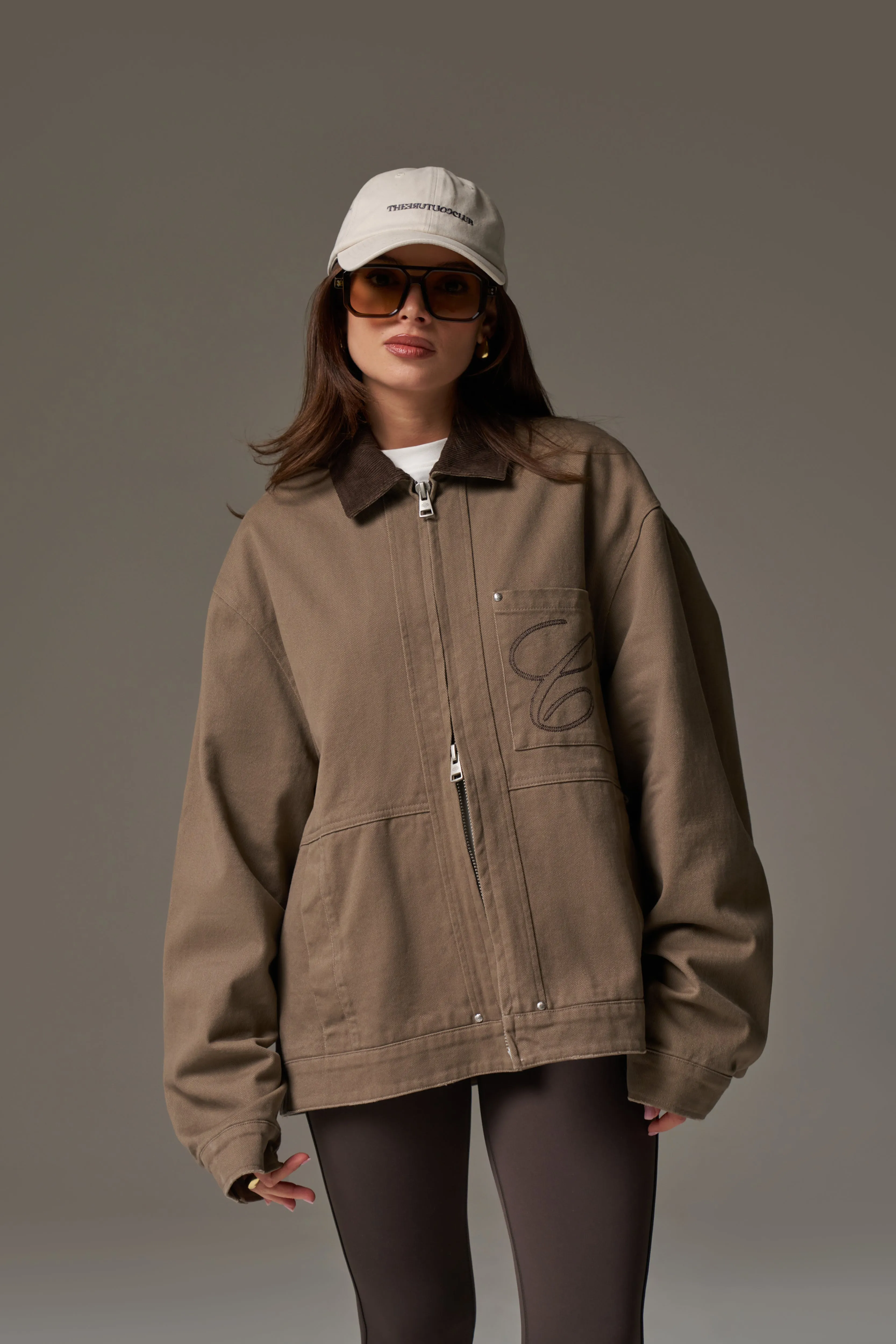 TWILL CONTRAST COLLAR JACKET - WASHED BROWN