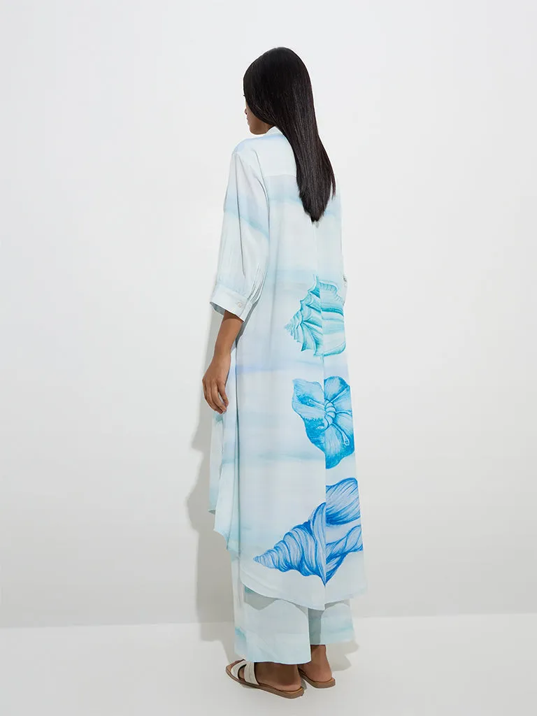Utsa Light Blue Seashell Printed High-Low Kurta