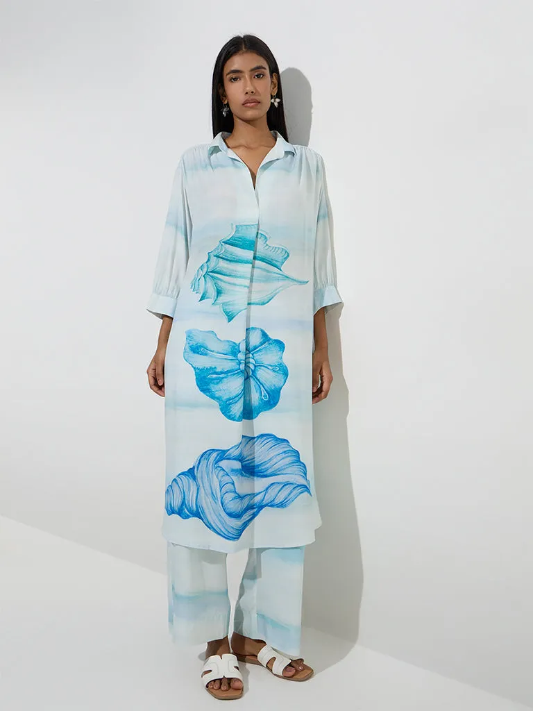Utsa Light Blue Seashell Printed High-Low Kurta
